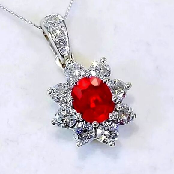 Pendant Necklace Red Oval Ruby & Clear White Baguette Diamonds 925 18 inch